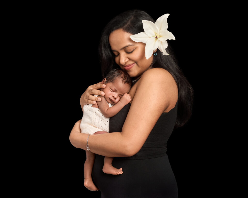  Mother and newborn daughter portrait with spring flower theme – Kent newborn photography